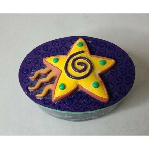 BRIGHT Star Designs 3D Star Lid Jewelry Trinket Box Storage Blue Yellow Footed - Picture 2 of 10